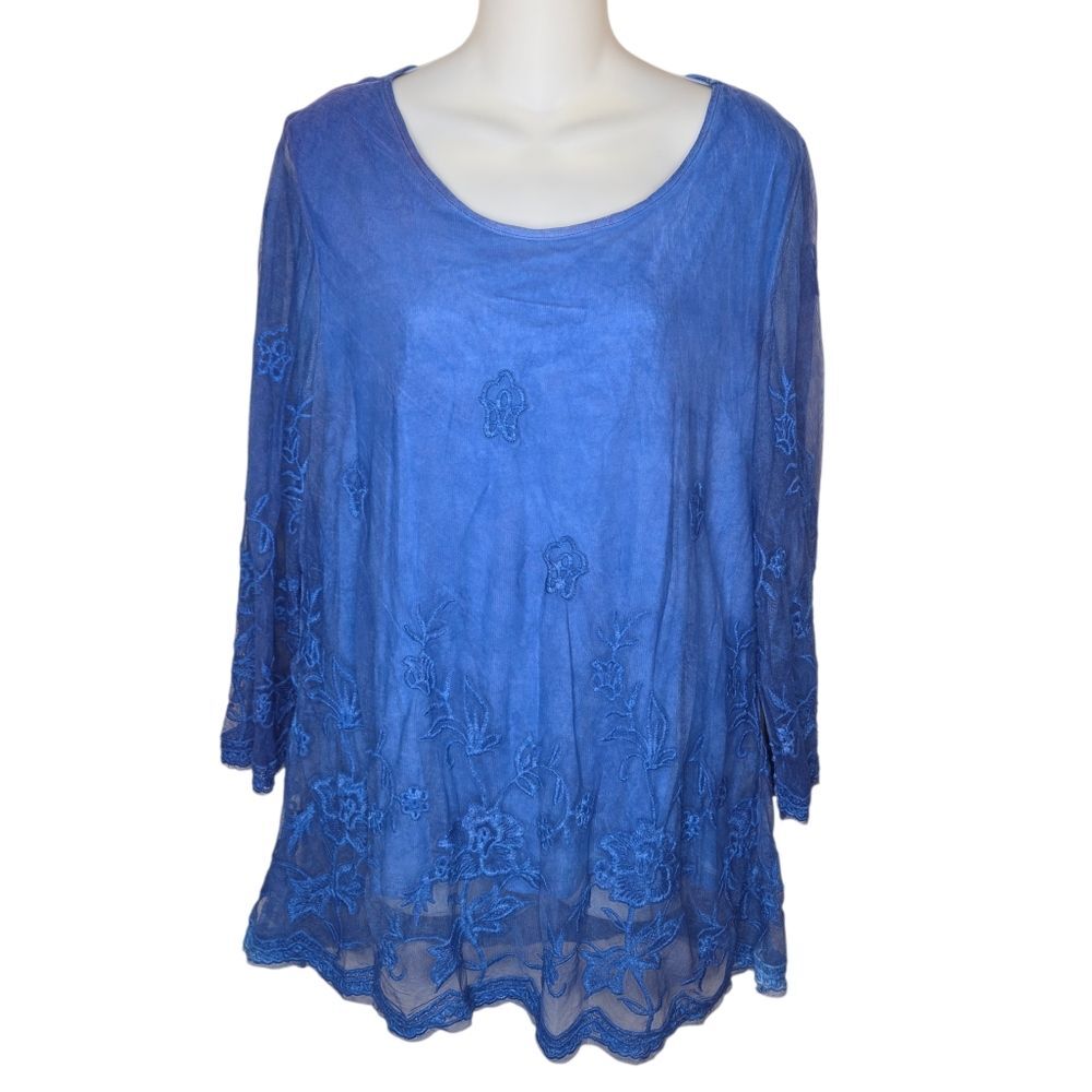 Chico's Embroidered Mesh Layered Floral Top Blouse, Nepal Blue, Size 2 Large